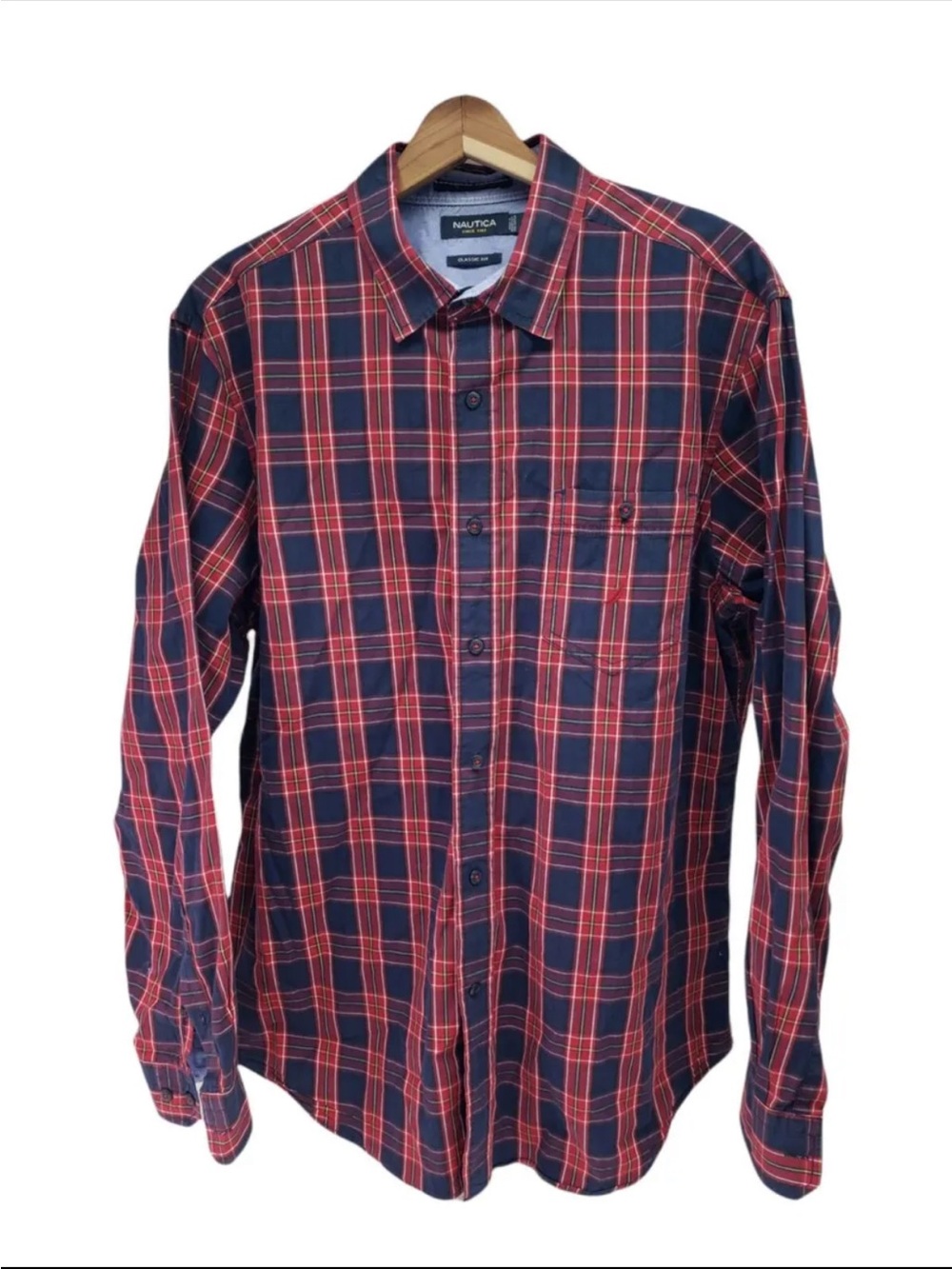 Nautica Men's Red and Navy Plaid Button-Down Shirt